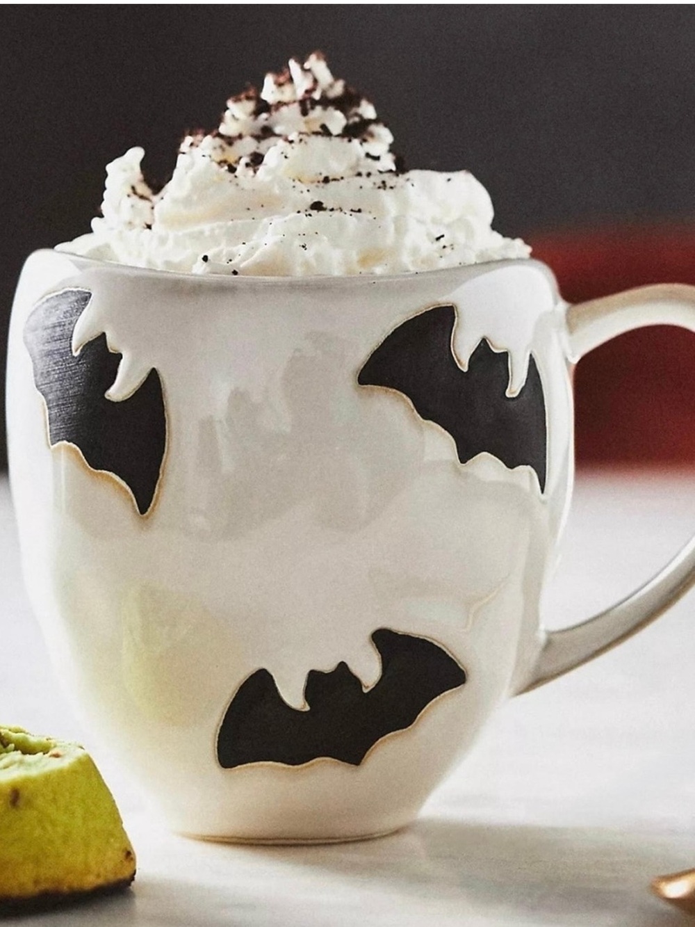 Anthropologie Halloween Fall White Glaze Ceramic Mug with Black Bats